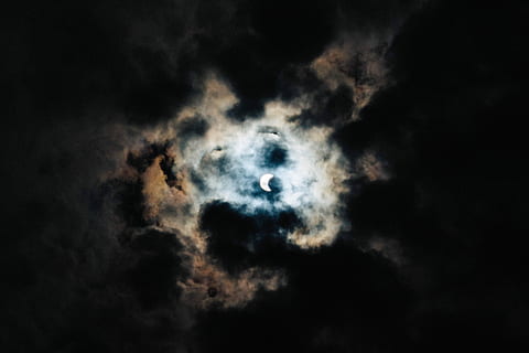 crescent moon behind black clouds, untitled, solar eclipse, sky HD wallpaper