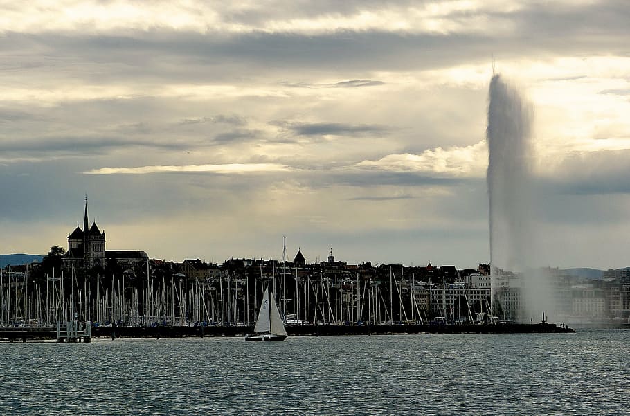 geneva, sea bay, evening, sky, architecture, water, cloud - sky HD wallpaper