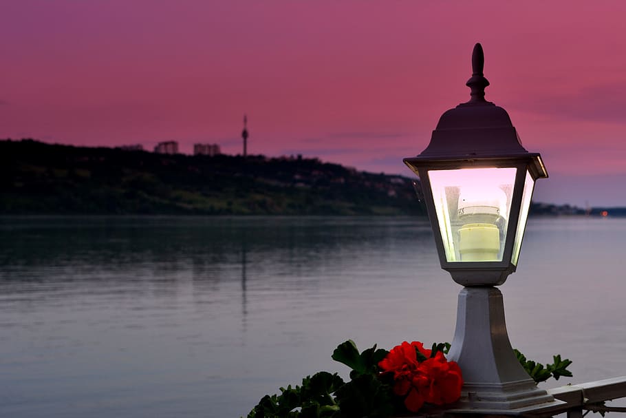 lantern, water, reflection, in the evening, shadows, sunset HD wallpaper