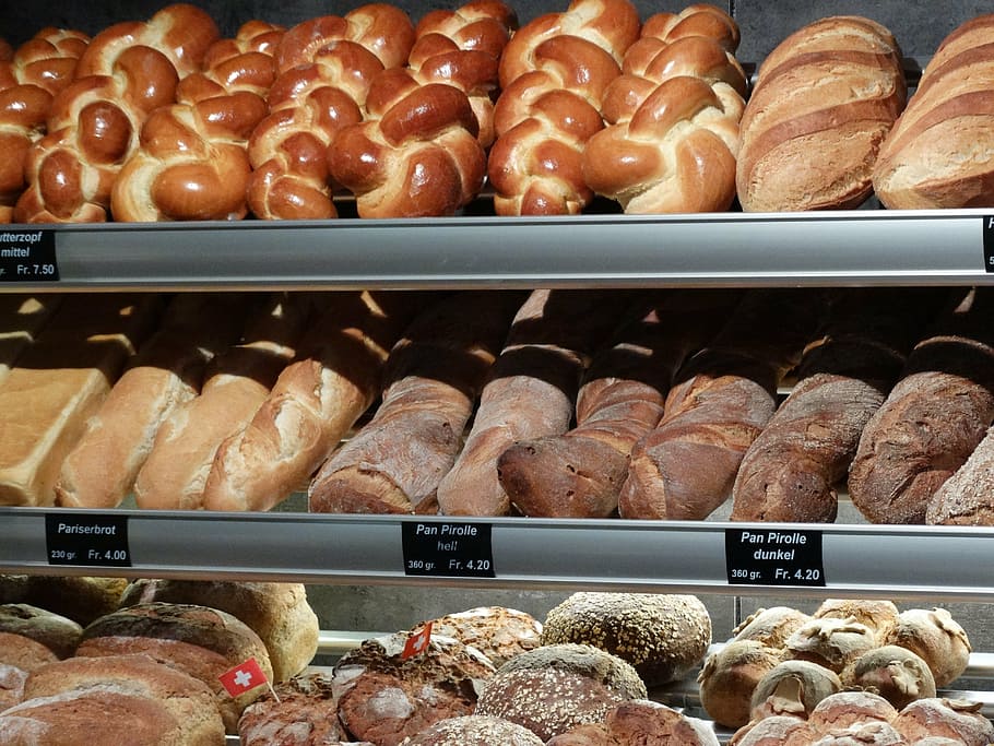 bakery, breads, display, deep-fried, food, brown, crusty, retail HD wallpaper