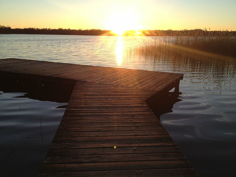 sunset, bridge, lake, evening, water, sky, reflection, tranquility HD wallpaper