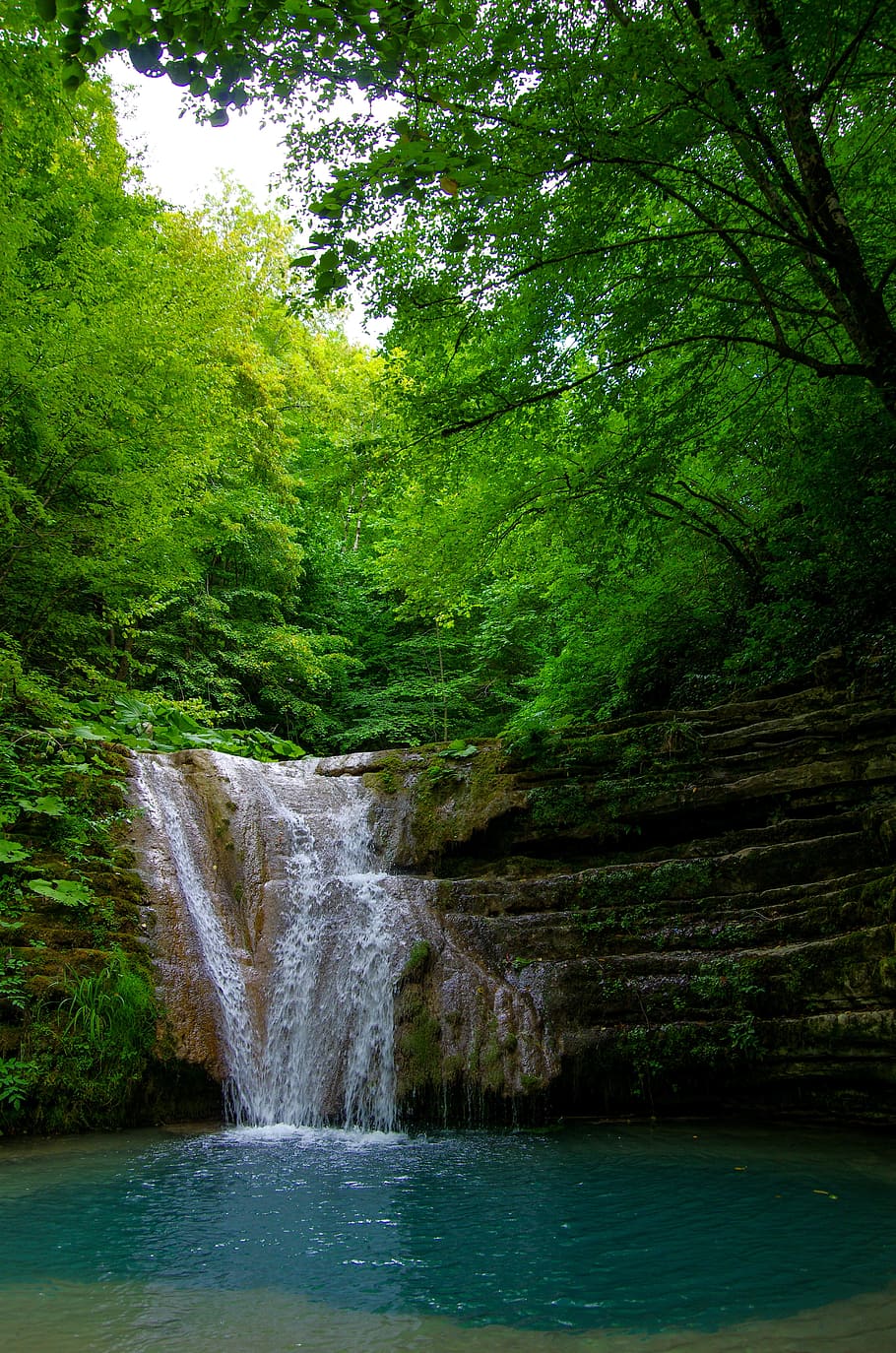 lake, forest, waterfall, sinop, trees, green, human, landscape HD wallpaper