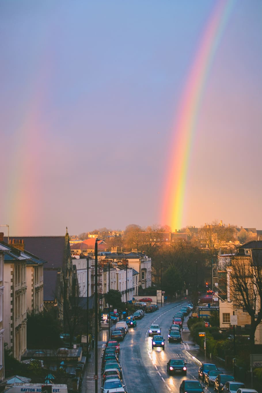 sky, rainbow, sunset, city, building, lights, street, road HD wallpaper