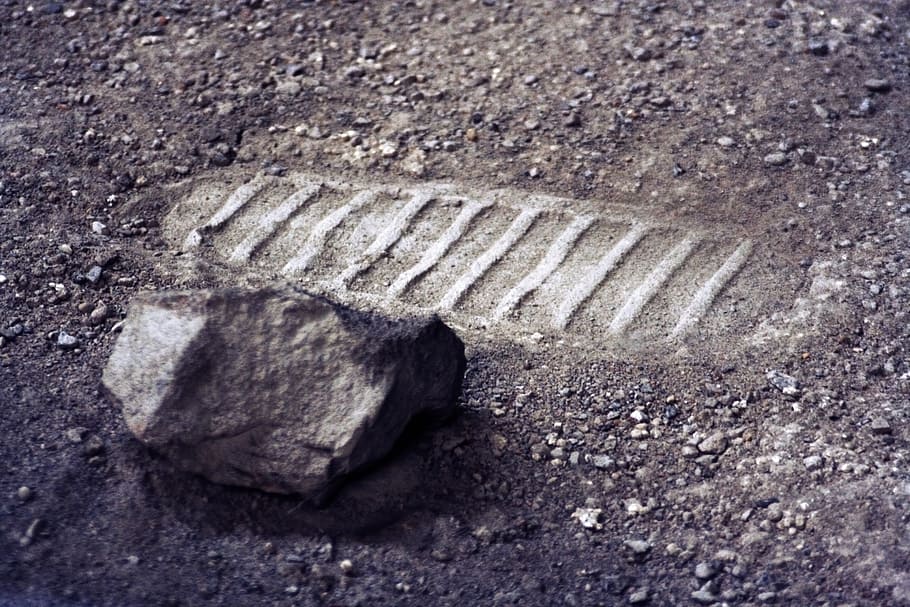 gray stone on gray soil, shoe print, moon, surface, scree, sand
