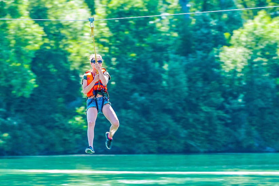 woman hanged on cable during daytime, Zipline, River, Rhône