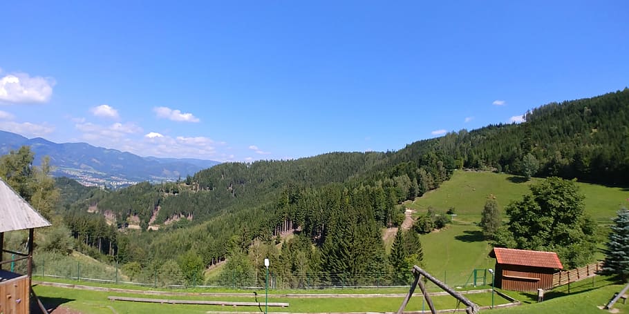 valley, mountain, landscape, alm, outlook, forest, sky, nature HD wallpaper