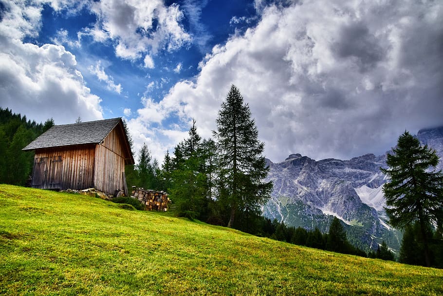 brown wooden shed, altoadige, südtirol, italy, mountains, tyrolean HD wallpaper