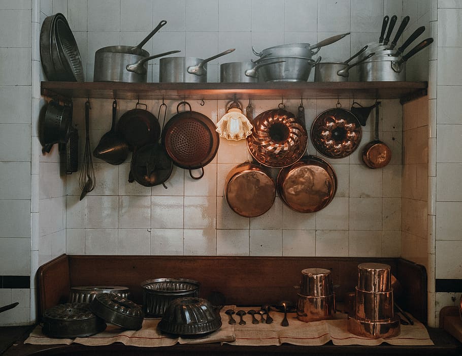 assorted cookware set, kitchen utinsel, shelf, cutlery, pot, utensils, HD wallpaper