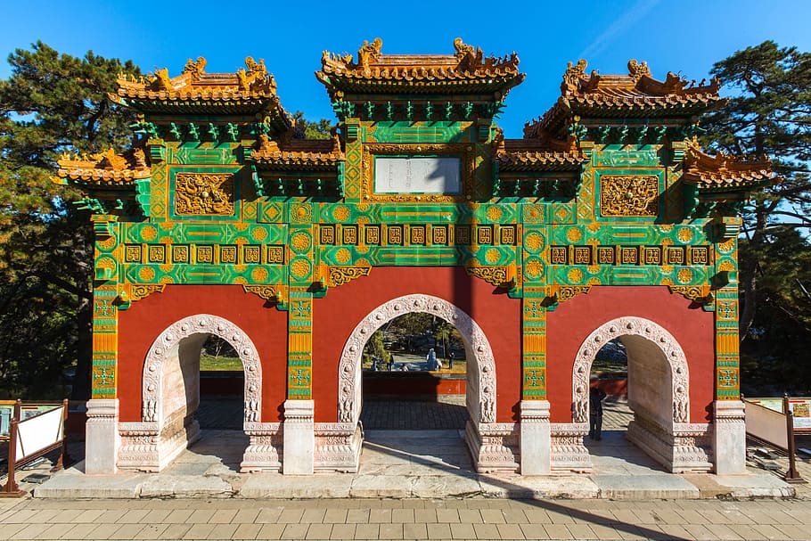 red and green concrete temple front of trees, Chinese, Gate, Emperor, HD wallpaper