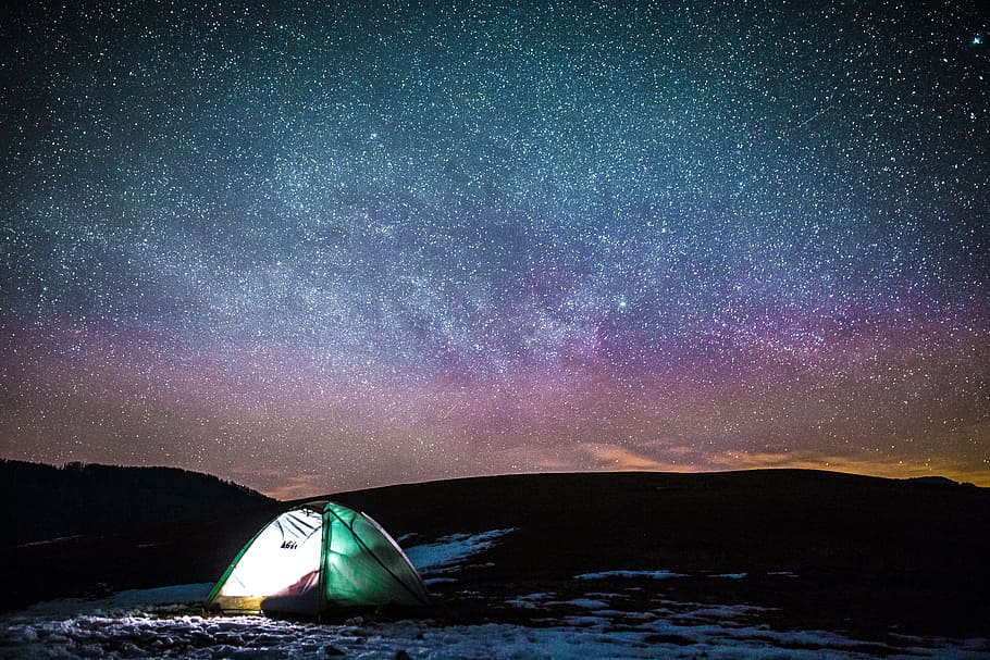 green and white tent under star sky, dark, night, stars, galaxy HD wallpaper