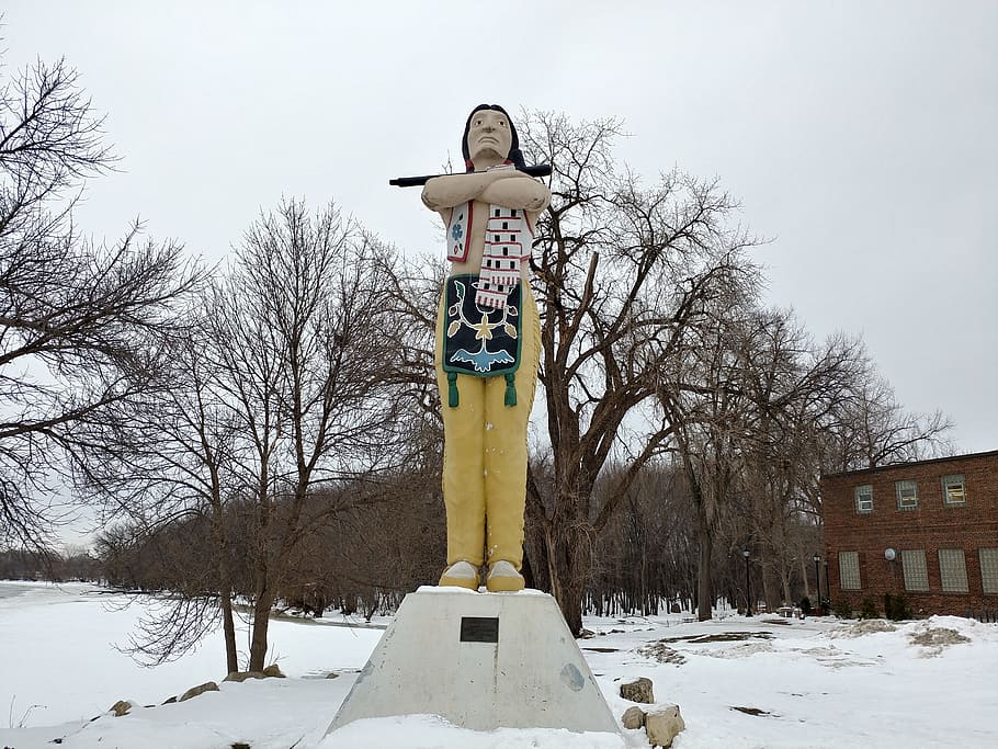 native american, indian, statue, snow, tree, cold temperature HD wallpaper