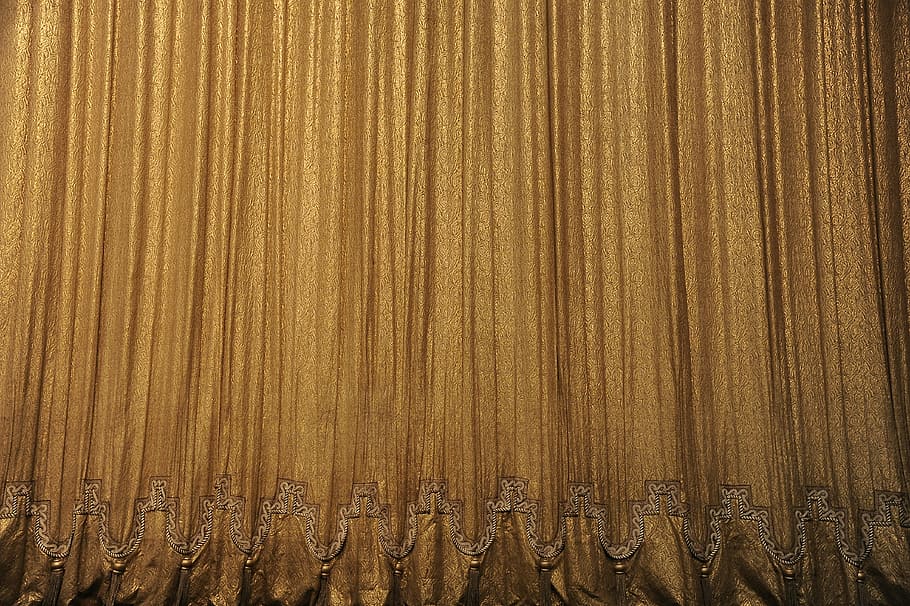 closeup photo of brown curtain, scene, theater, wood - material
