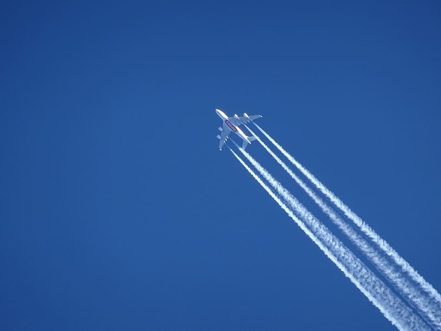 jet plane under blue sky, Aircraft, Contrail, Sky, Blue, Emirates