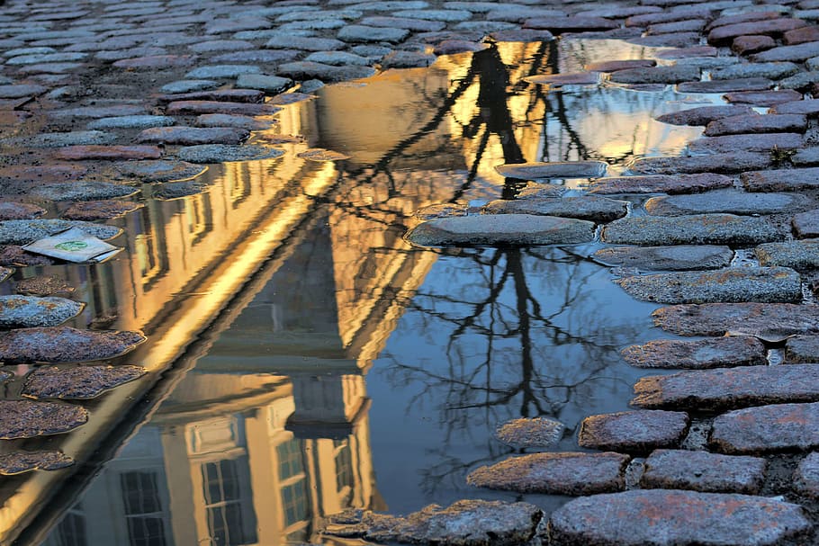 macro photography of brown concrete building reflecting on body of water during daytime HD wallpaper