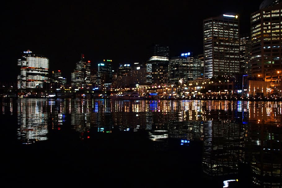 sydney, australia, darling harbour, port, night, skyline, citylights, HD wallpaper