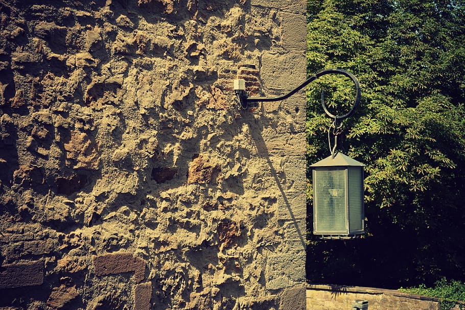 lamp, wall, stone, old, vintage, edited, lantern, light, outdoor HD wallpaper