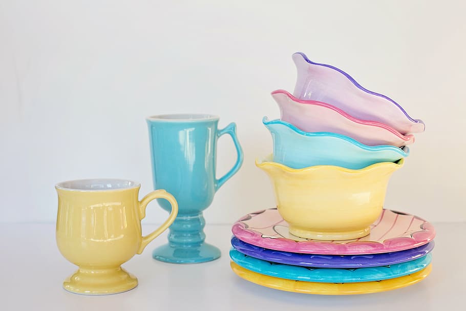 assorted-color dinnerware set, dishes, bowls, mugs, pastels, cup