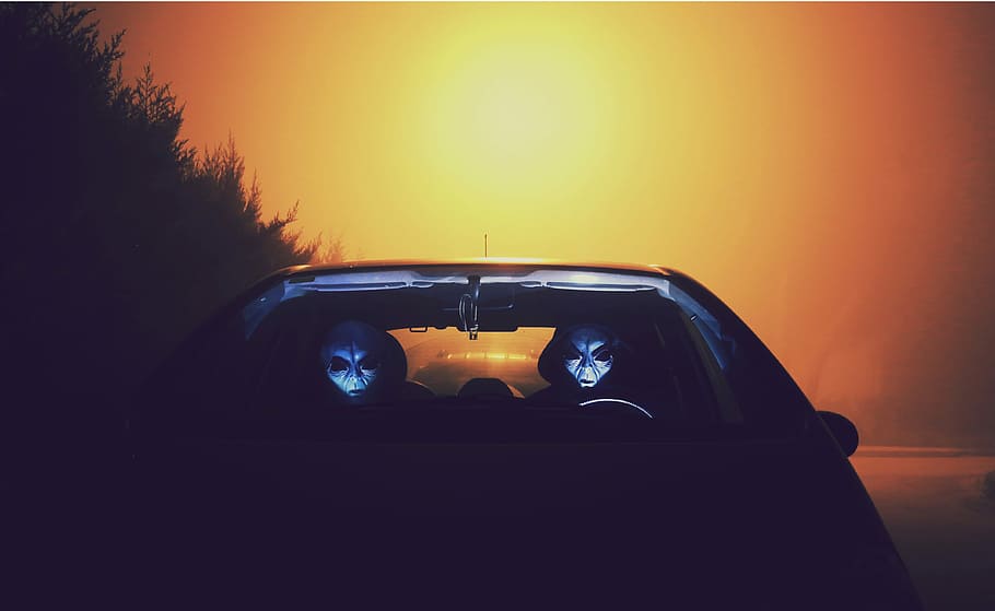 two masked person in car during night, untitled, alien, ufo, extraterrestrial