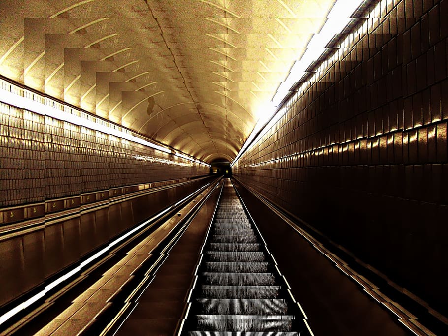 empty underground train rails, escalator, stairs, architecture HD wallpaper
