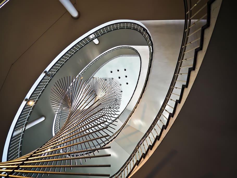 white spiral ladder, interior design, inside, architecture HD wallpaper