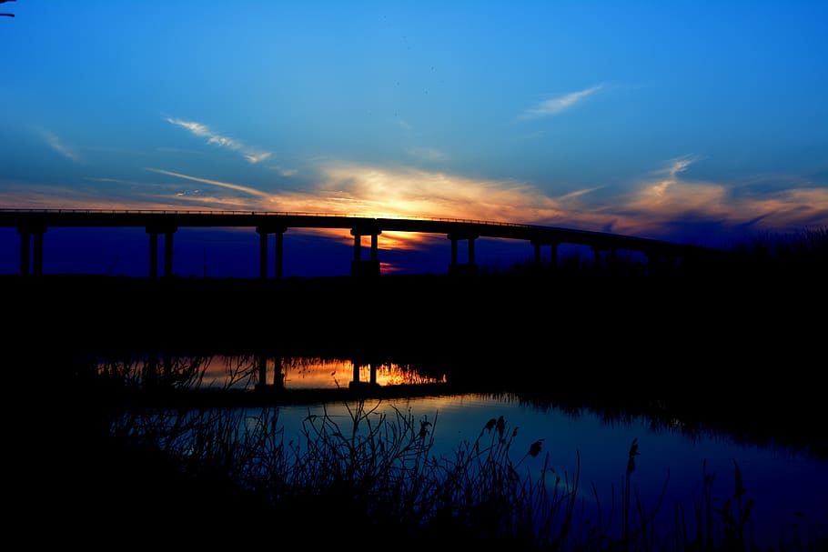 bridge, sunset, water, shadow, in the evening, red, cloud, sky HD wallpaper