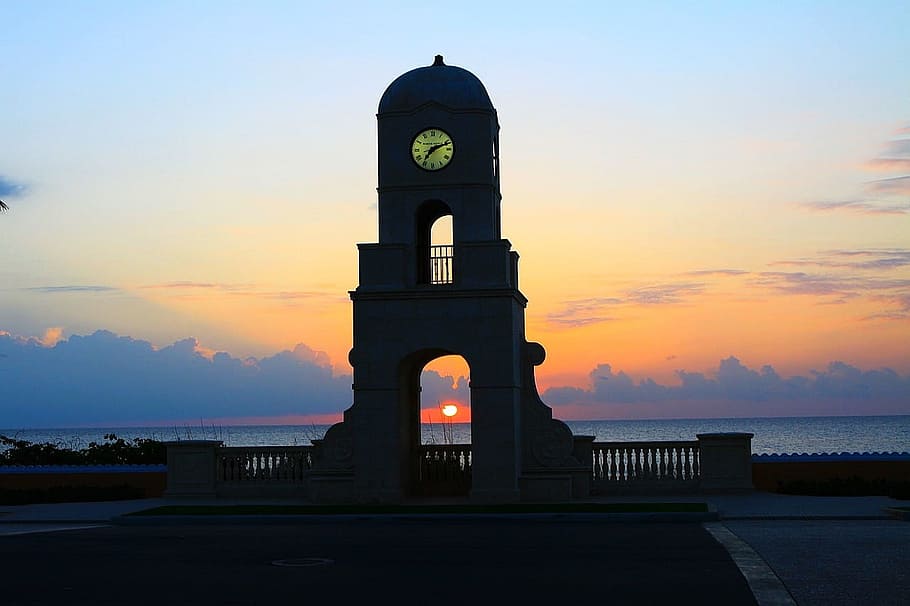 Sunrise, Daybreak, Dawn, Tower, Clock, beach, palm, florida HD wallpaper