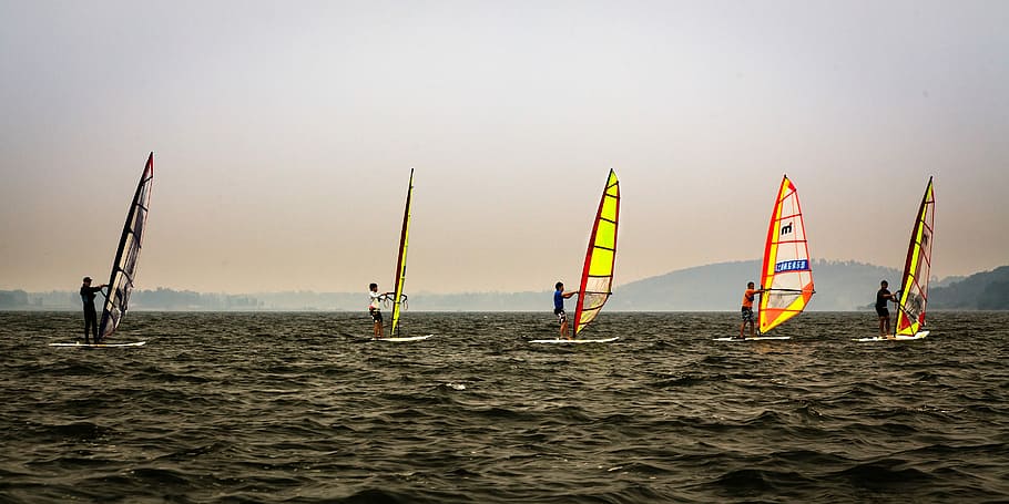 marine, sky, sailboat, water, sea, sport, windsurfing, nature HD wallpaper
