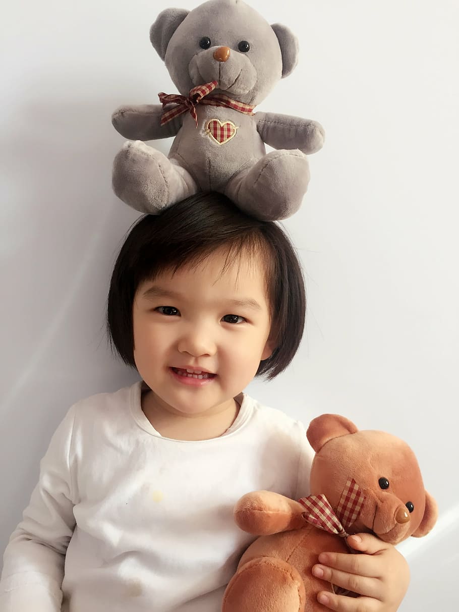 girl holding brown bear plush toy, china, beauty, sweet, baby, HD wallpaper