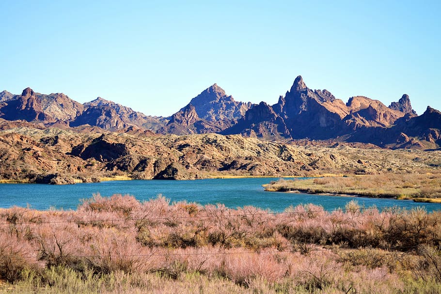 desert, mountains, landscape, river, brush, beautiful, dry HD wallpaper