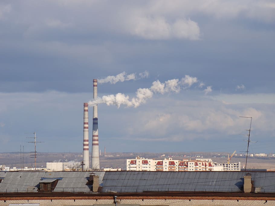 city, sky, clouds, pipe, smoke, roof, haze, architecture, industry HD wallpaper