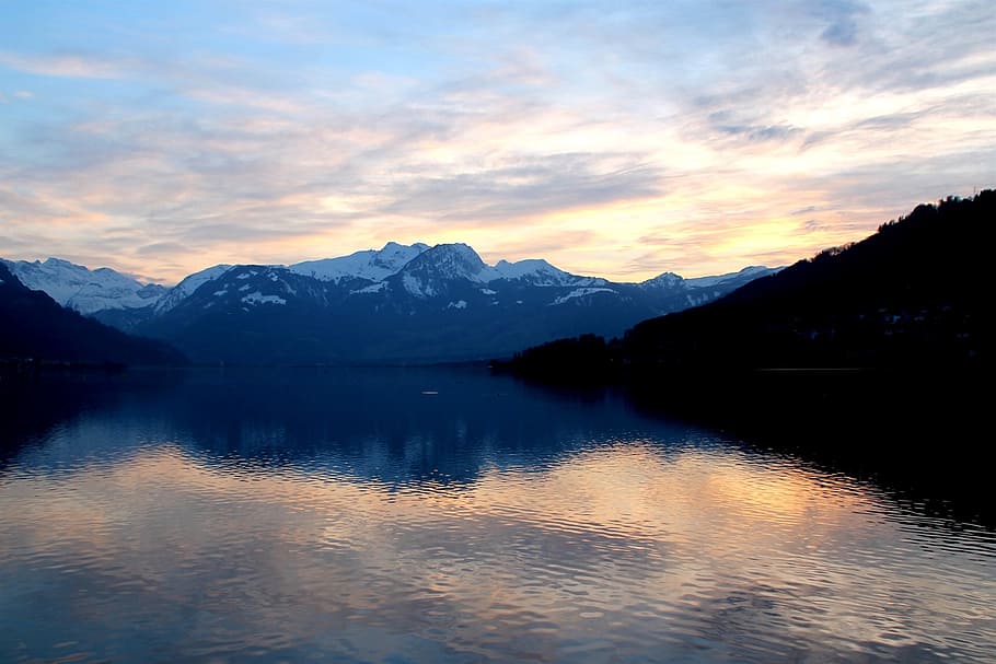 lake, landscape, clouds, sky, evening, sonnenunetrgang, mountain HD wallpaper