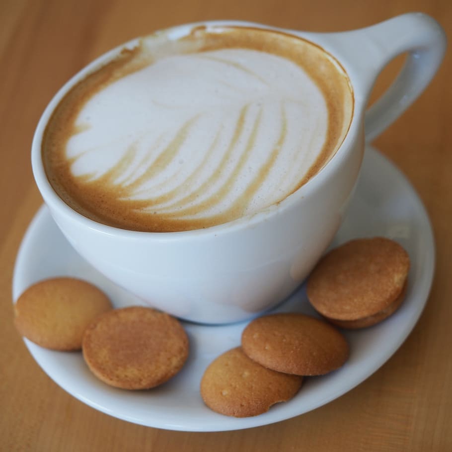 white teacup on white plate, latte, coffee, cookies, saucer HD wallpaper