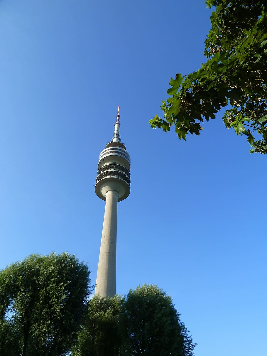 Tower, Olympic Park, Munich, Tree, green, blue sky, branches HD wallpaper