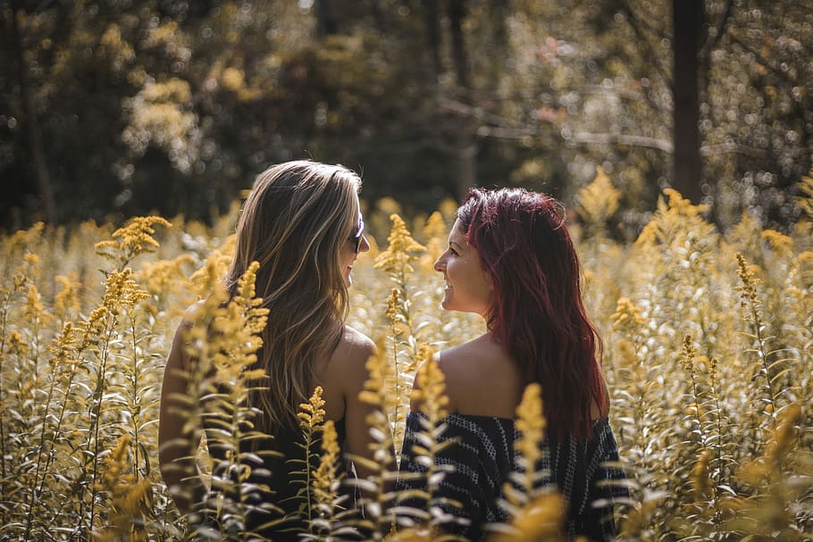 two woman facing each other on brown plant fields during daytime, two women smiling while facing each other