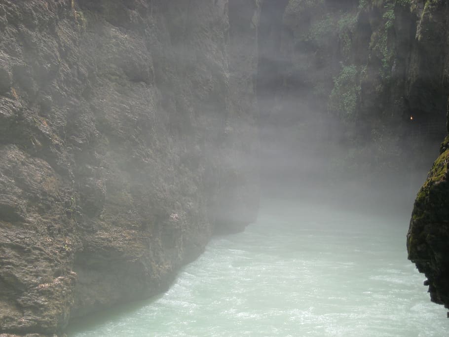 body of water surrounded by rock formation, fog, epic, gorge HD wallpaper
