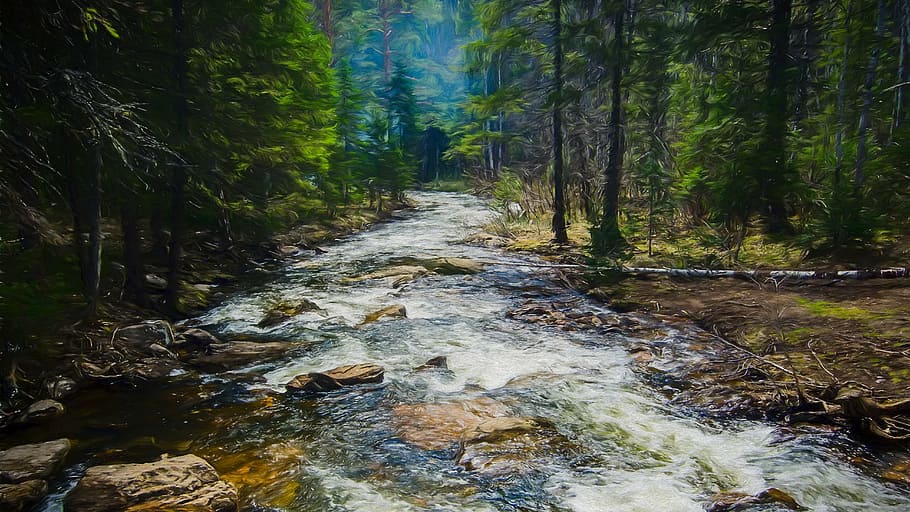 river in forest, bach, water, landscape, painting, digital painting HD wallpaper
