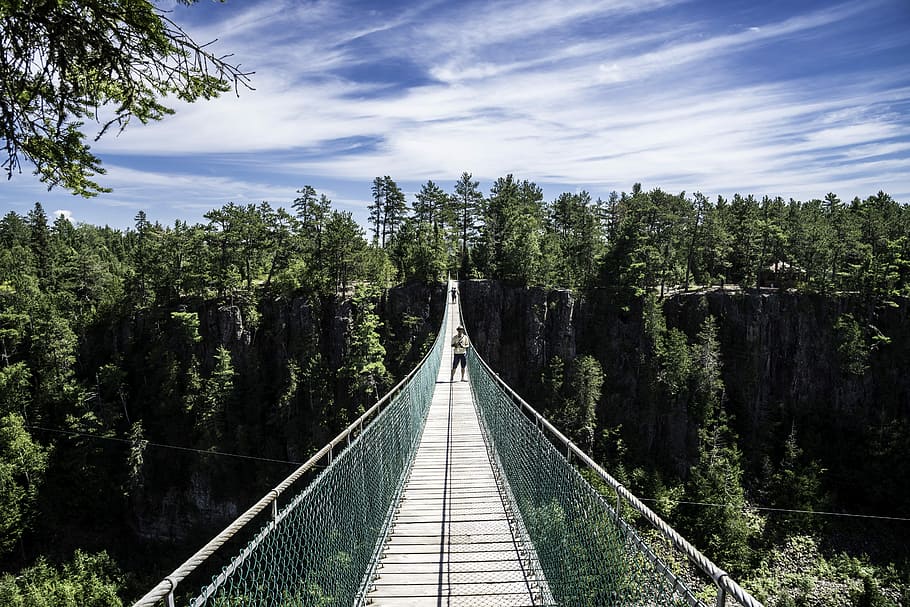 People standing on the long suspension bridge in Eagle Canyon, Ontario