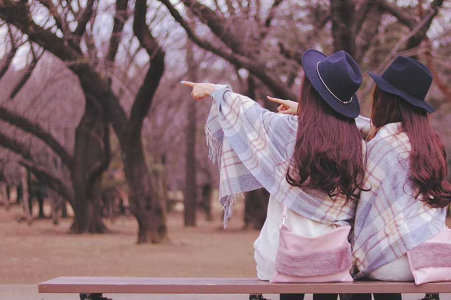two woman sitting on bench while pointing photo, outdoors, women HD wallpaper