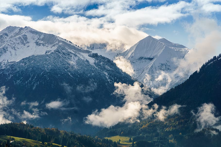 oberstdorf, clouds, mountains, panorama, landscape, alpine, HD wallpaper