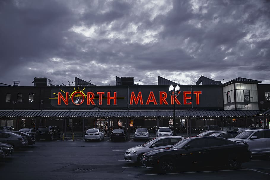 North Market Signage Building Under Gray Sky, asphalt, buildings, HD wallpaper