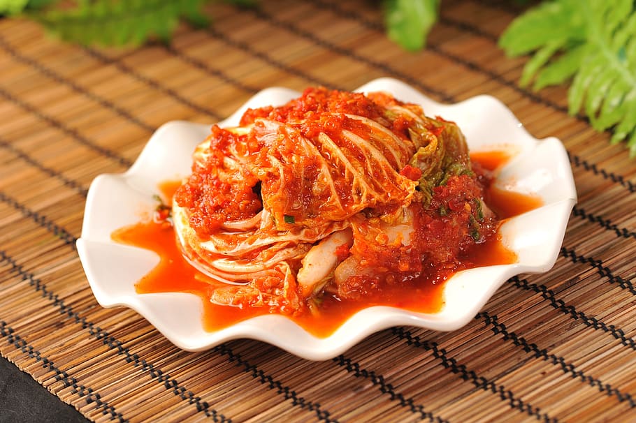 kimchi on white ceramic plate, lasagna, korean cabbage in chili sauce, HD wallpaper