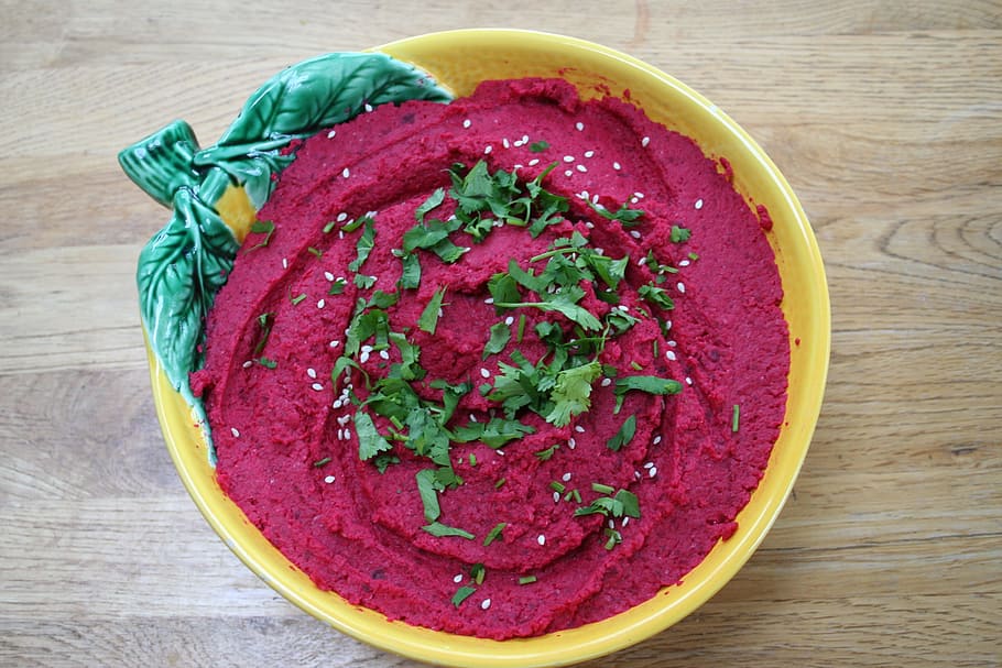 red cream on yellow bowl, beetroot, hummus, houmous, healthy HD wallpaper