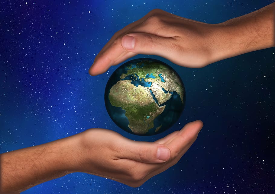 two human hands and planet earth, protection, handful of, globe, HD wallpaper