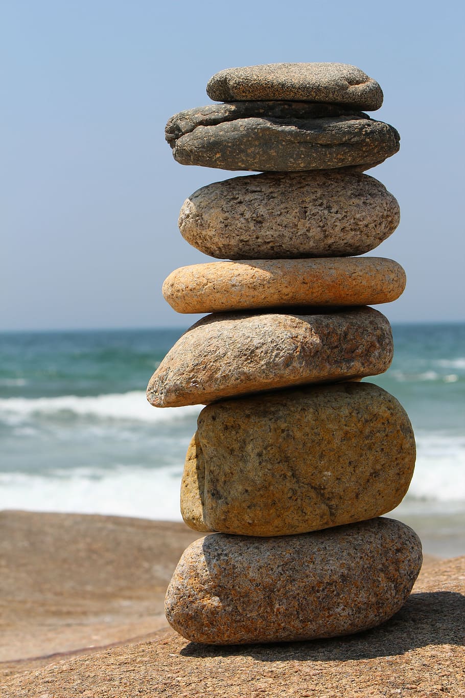 sea, roche, roller, stack, nature, view, blue, balance, pebble HD wallpaper