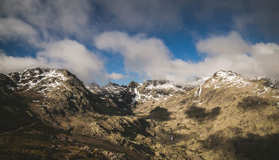 photo of white and brown mountain, highland, blue, sky, clouds HD wallpaper