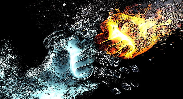 blue and orange fists illustration, comic, fight, hand, battle HD wallpaper