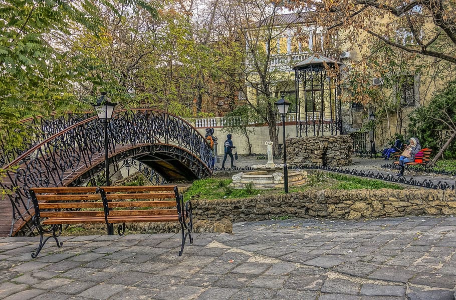 odessa, park, bridge, humpback, bench, people, plant, tree HD wallpaper