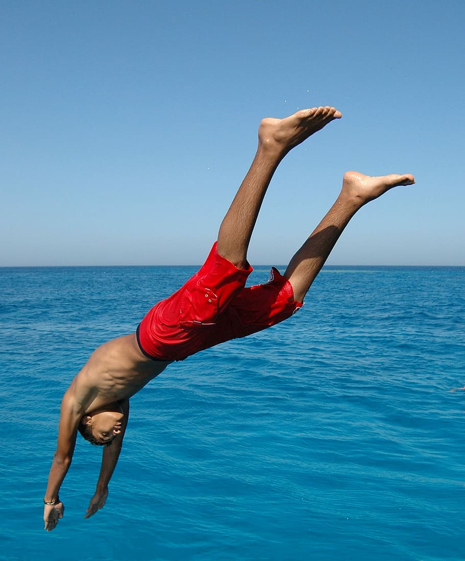 Boy Diving into the Water, diver, photo, lake, public domain, HD wallpaper