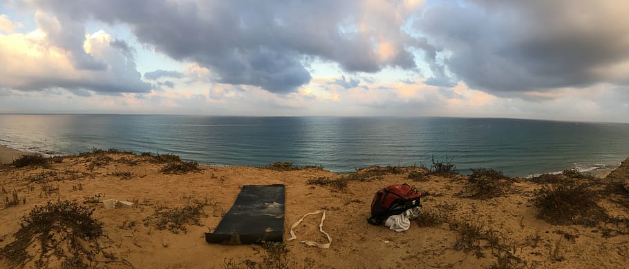 yoga, beach, backpacking, sky, ocean, sea, fitness, sand, cliff HD wallpaper