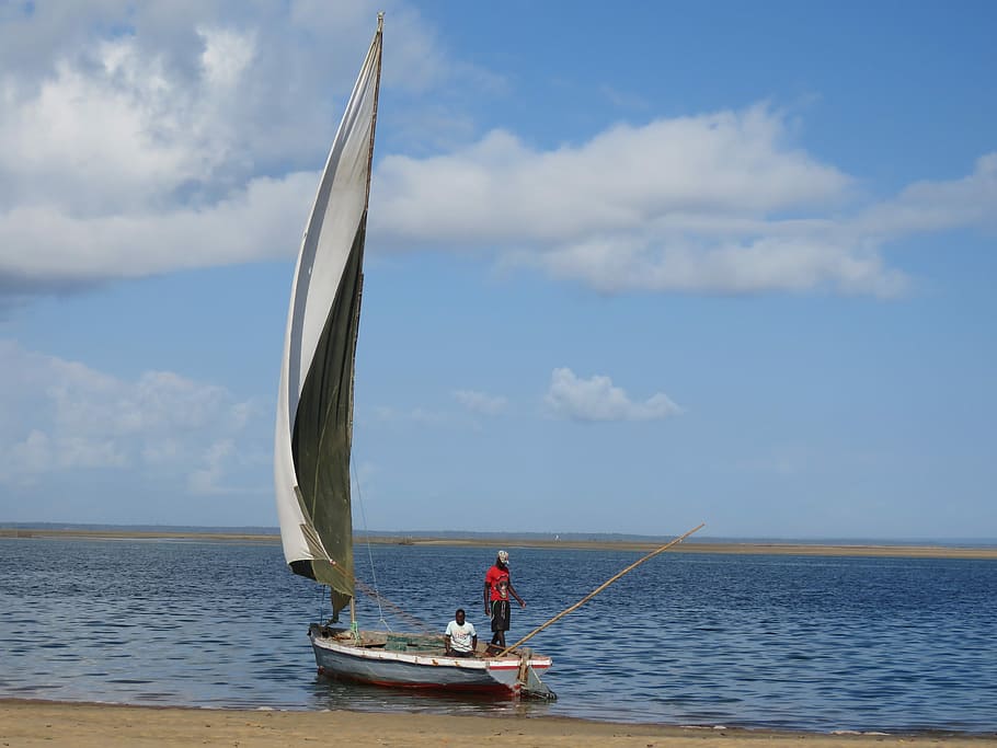 Dhow, Inhambane, Mozambique, sea, sky, cloud - sky, one person